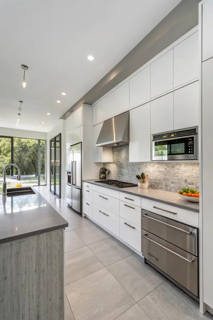 White kitchen with stainless steel appliances and gray countertops.