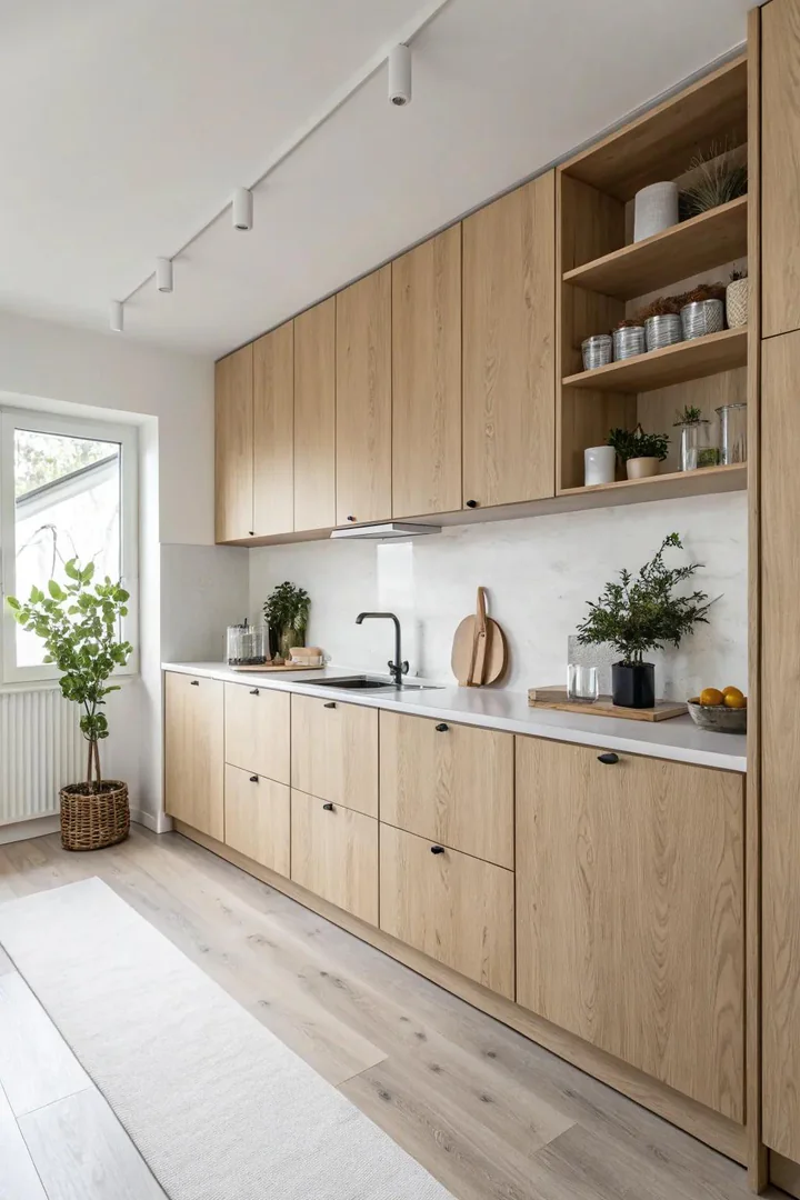 Blonde wood Scandinavian-style kitchen cabinets.