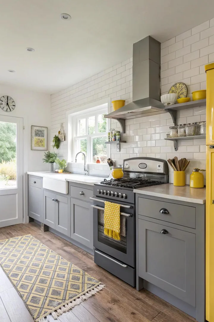 Grey appliances paired with yellow accent cabinets.