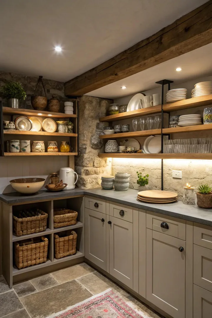 Basement kitchen with floating wood shelves displaying dishes and plants
