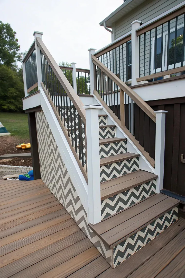 Corner deck stairs with chevron and herringbone pattern decking on the landing