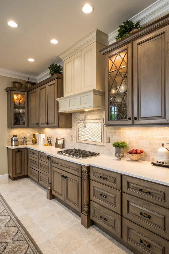 Off-whites offer a gentle contrast to dark beige cabinets.