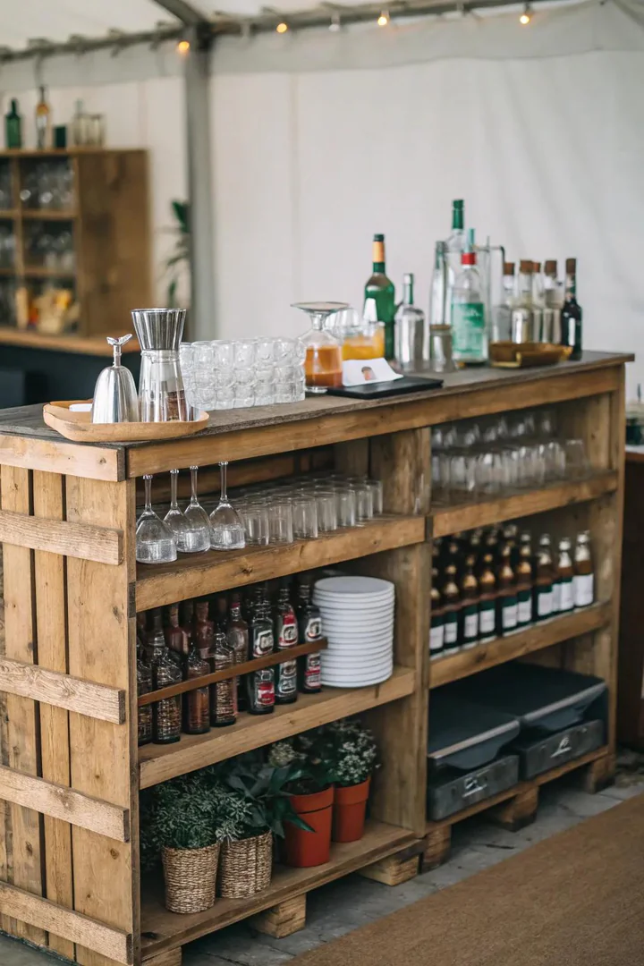 Pallet bar with built-in shelving on the back wall for bottle and glassware display