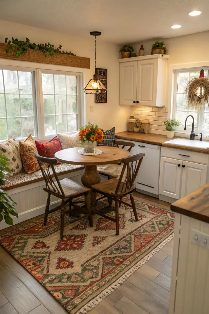 Woven area rug under an eat-in kitchen table with cushioned bench seating