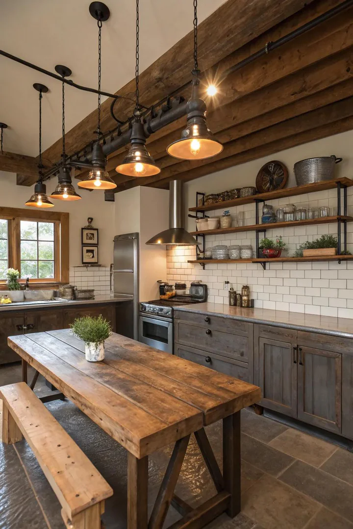 Black iron pipe light fixture with Edison bulbs in a farmhouse kitchen
