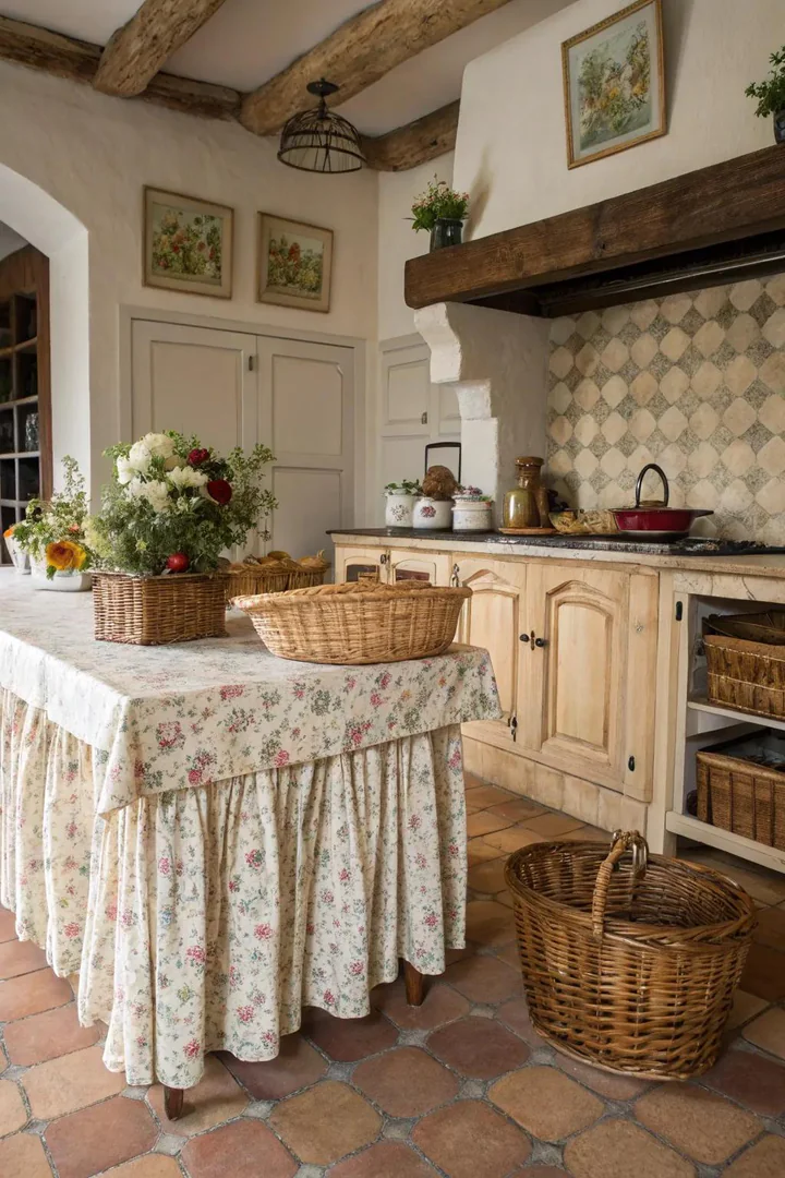 Fabric cabinet skirts in a French country kitchen.