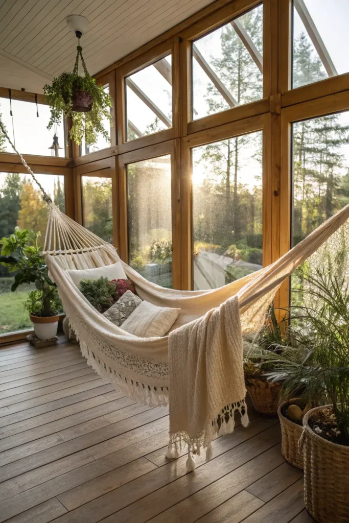 sunroom with a daybed and indoor hammock beside a wall of windows overlooking a garden