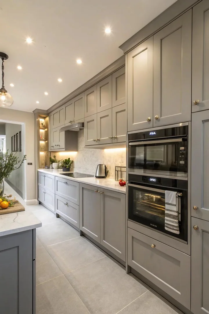 Grey kitchen cabinets with integrated appliance panels.