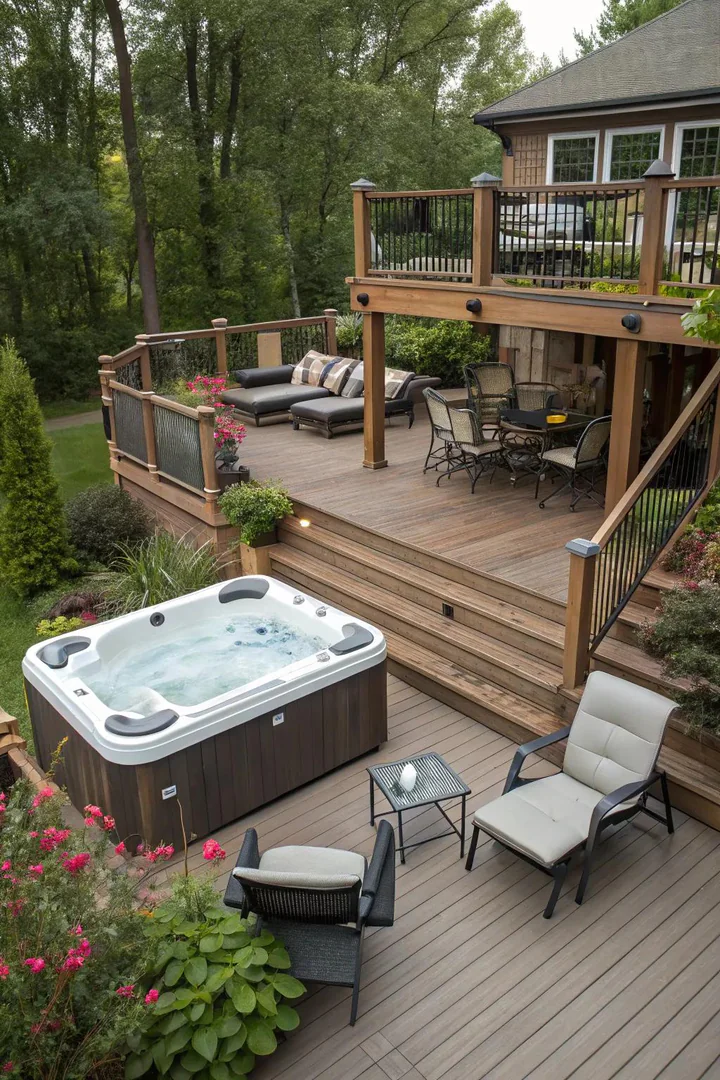 Two-tier composite deck with a sunken hot tub on the lower level and lounge area above