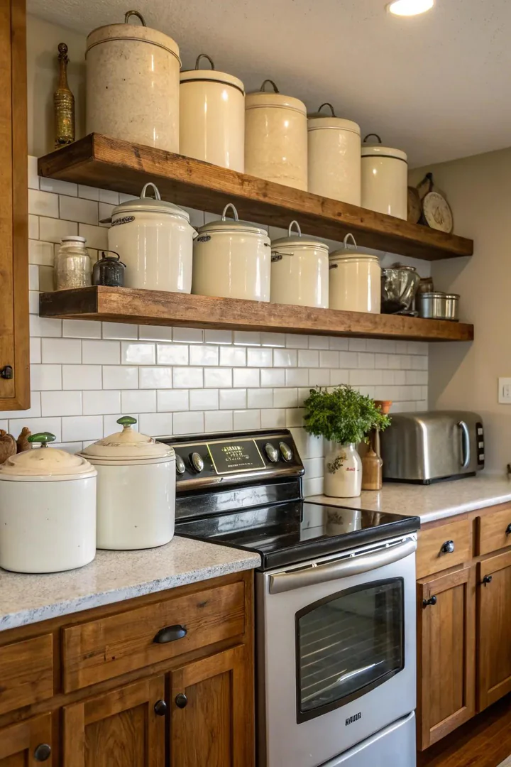Vintage crocks bring farmhouse charm above kitchen cabinets.