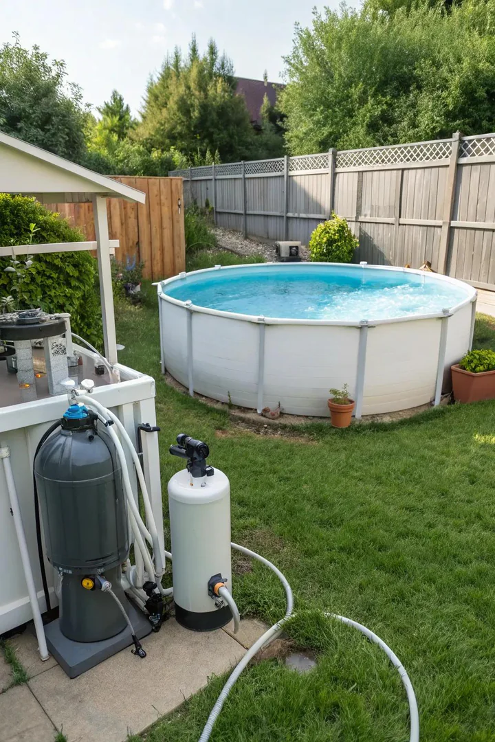 Above-ground pool with a natural plant-based filtration bog and gravel filter beside it