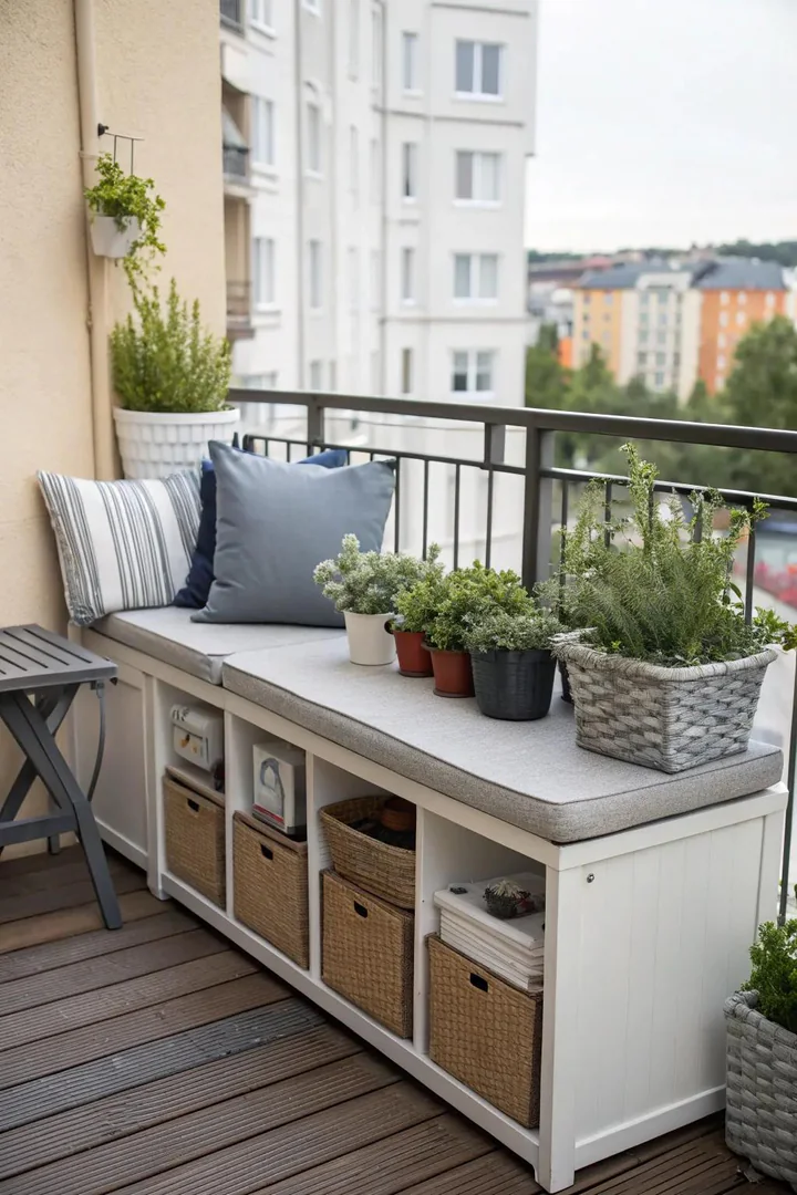 Storage bench doubling as terrace seating with cushion top and internal storage