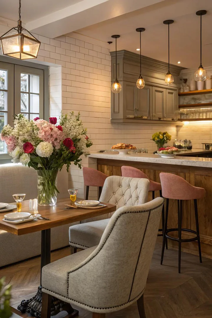 Kitchen peninsula breakfast bar with counter stools.
