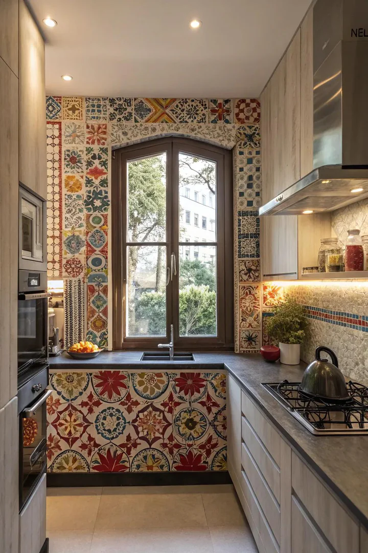 Kitchen window over the sink surrounded by decorative tile.