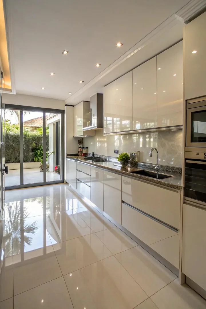 High-gloss cabinet finishes in a windowless kitchen.