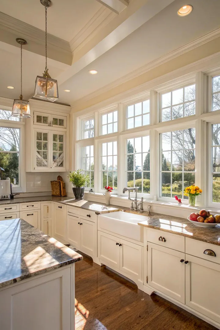 Kitchen window with sheer Roman shade letting sunlight in