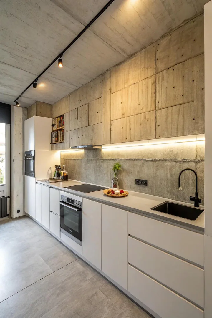 Polished concrete kitchen backsplash.