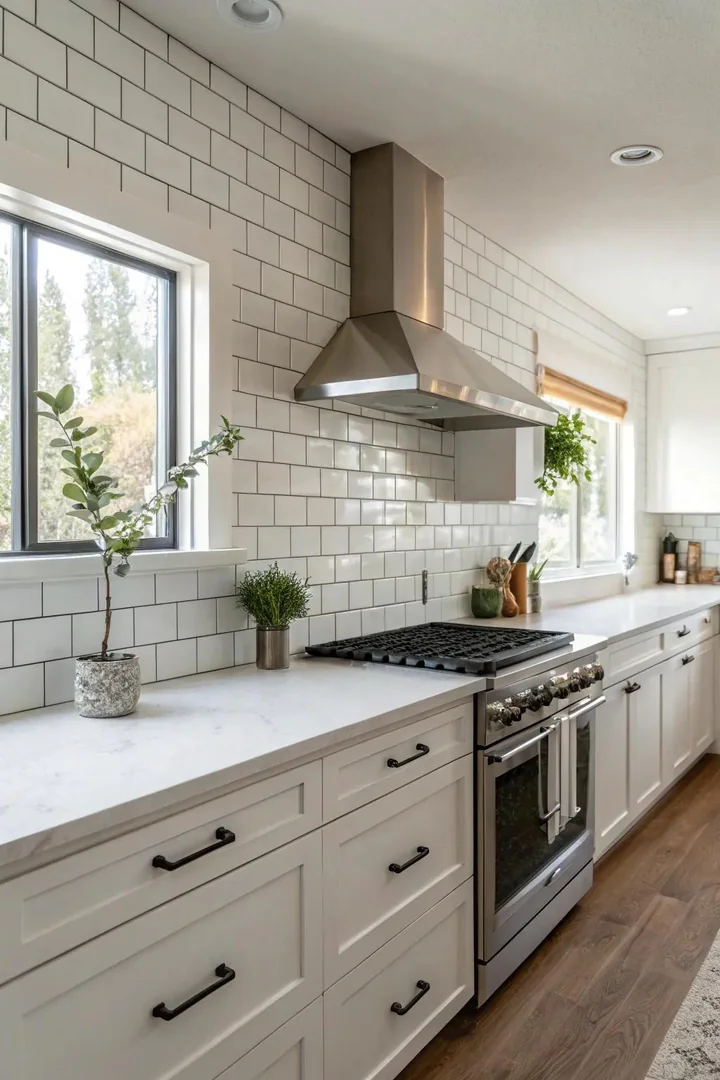 Large-format white porcelain tile backsplash in a minimalist kitchen