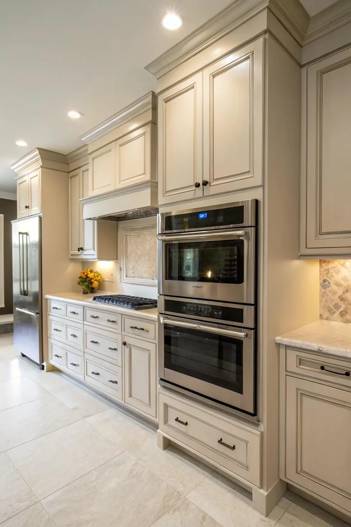 Mid-height installation of double ovens for ergonomic cooking.