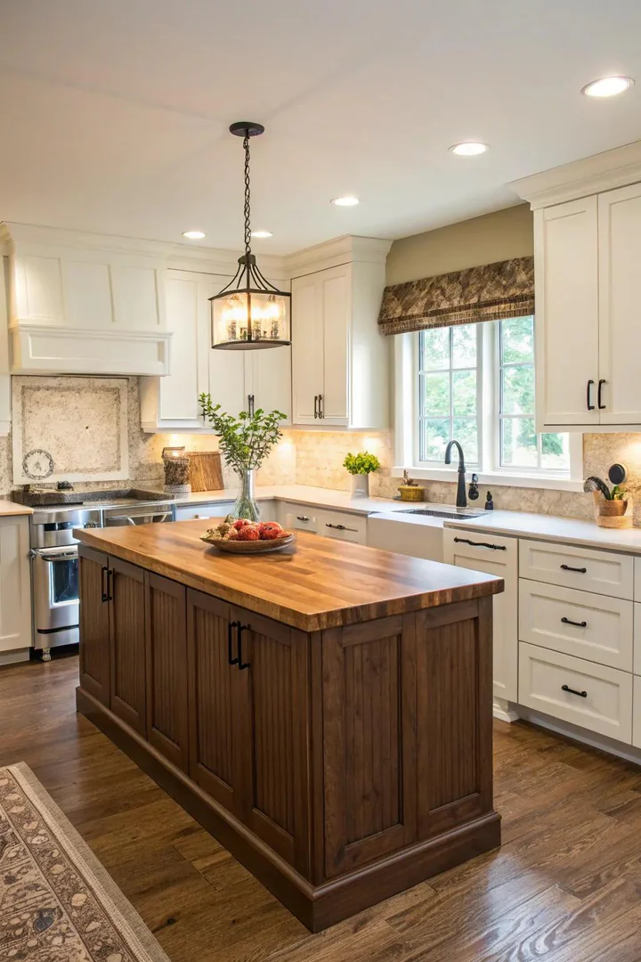 Earthy-toned kitchen island in a white kitchen with natural accents