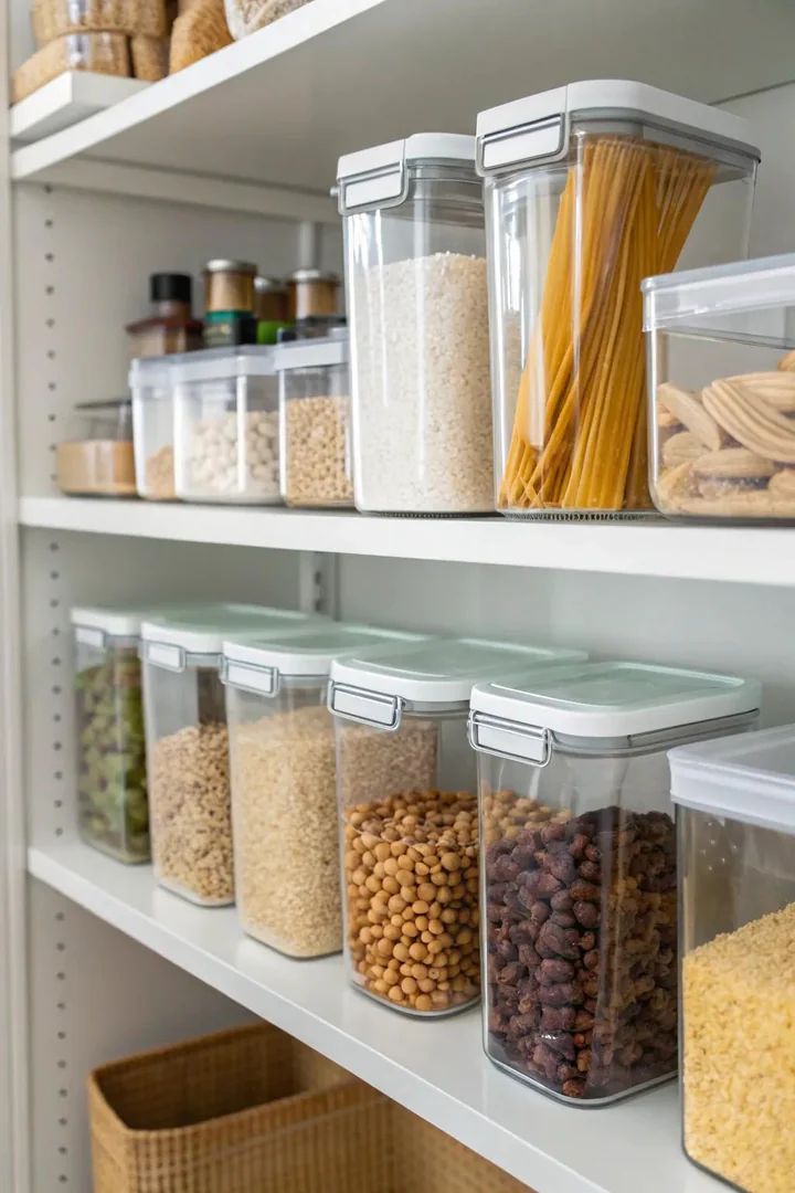 Clear airtight containers storing dry goods on a pantry shelf.