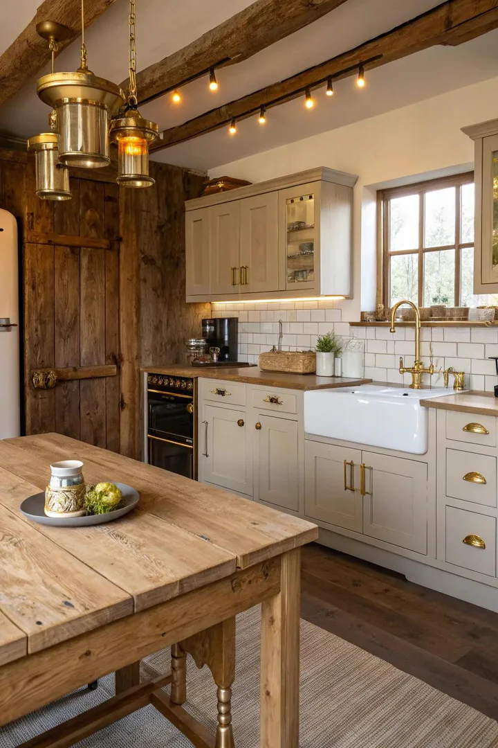 Farmhouse-style kitchen with gold hardware.
