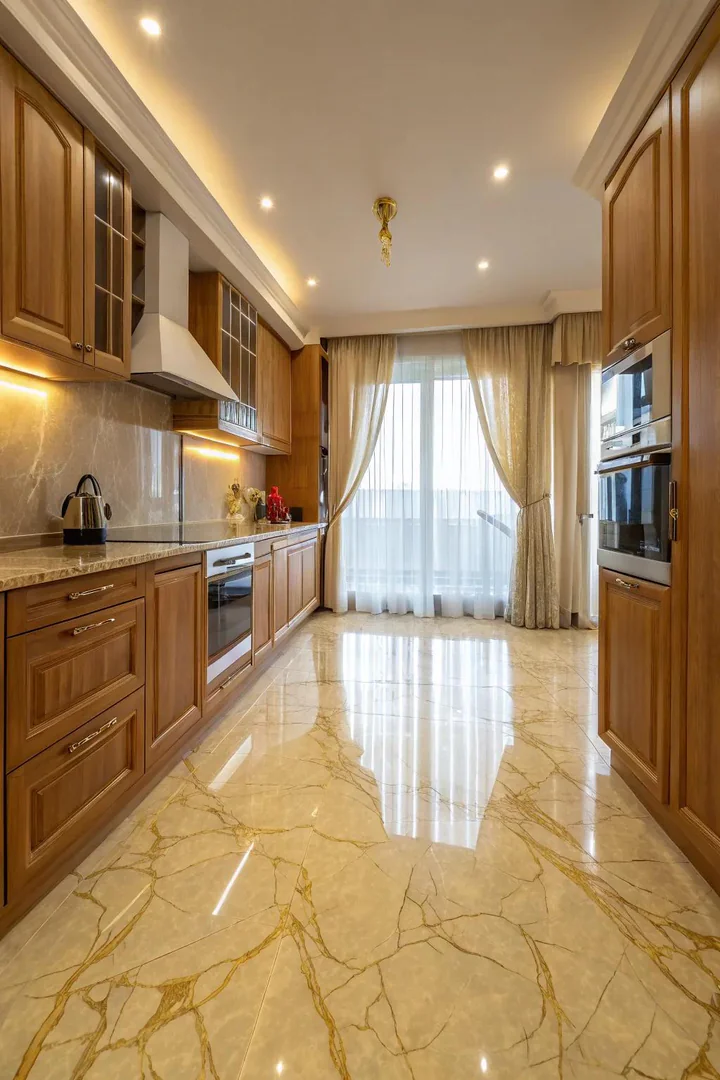 Gold-veined marble kitchen floor.