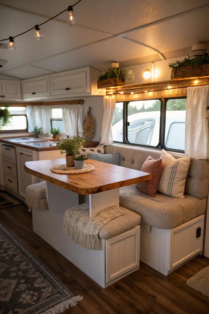 L-shaped island with a built-in bench seat and cushions