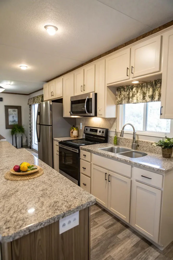 Granite countertop in a mobile home kitchen.