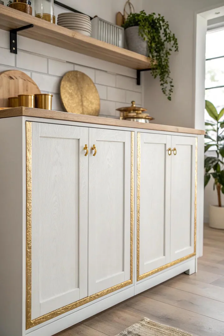 Kitchen cabinets with metallic gold accent painting.
