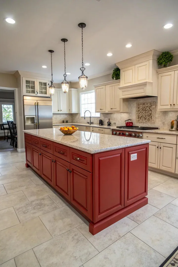 Red painted kitchen island as a bold centerpiece.