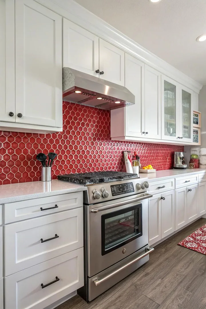 A fun kitchen with scarlet penny round tiles.