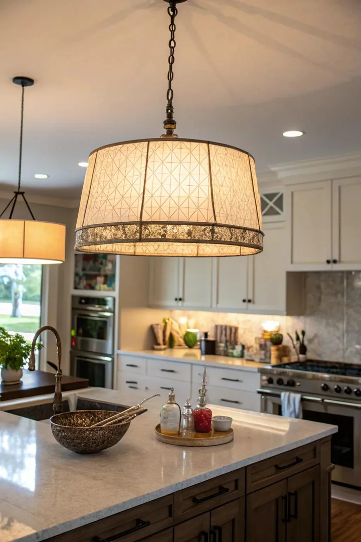 Woven rattan shade clipped over a bare ceiling bulb