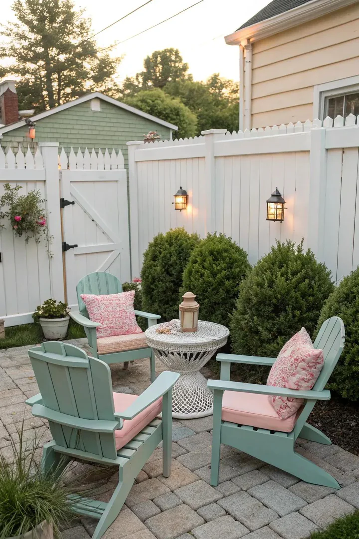 Small backyard with coordinated navy and white outdoor cushions, planters, and rug