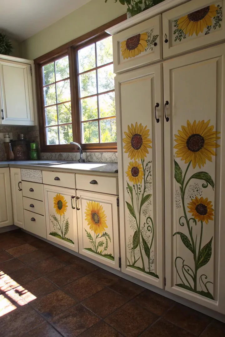 Hand-painted sunflower art on kitchen cabinet doors.