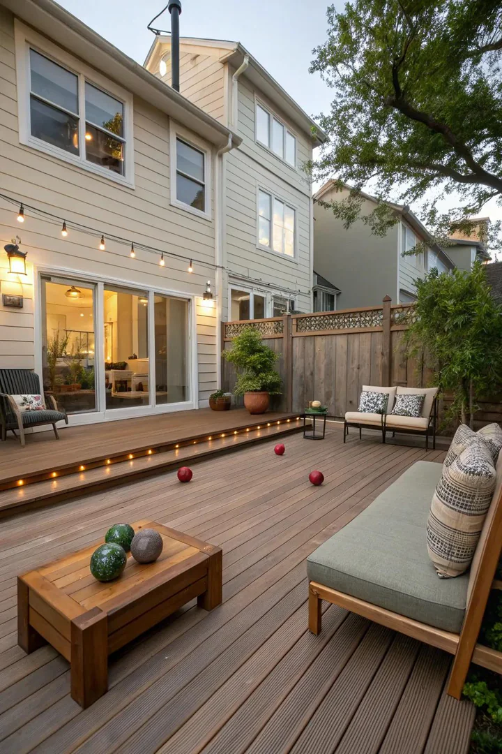 Townhouse patio with a small bistro set pushed aside to make room for cornhole and outdoor games