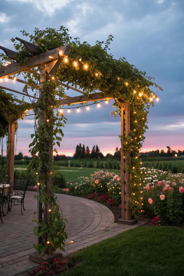 Arbor with integrated string lights for evening glow.