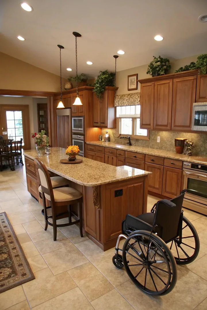Roll-under seating area in a wheelchair accessible kitchen.