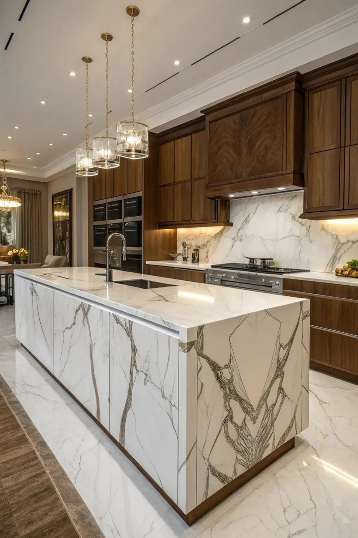 Calacatta marble white kitchen countertop.