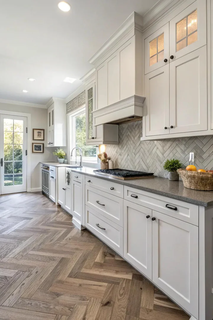 White kitchen with herringbone pattern flooring and gray countertops.
