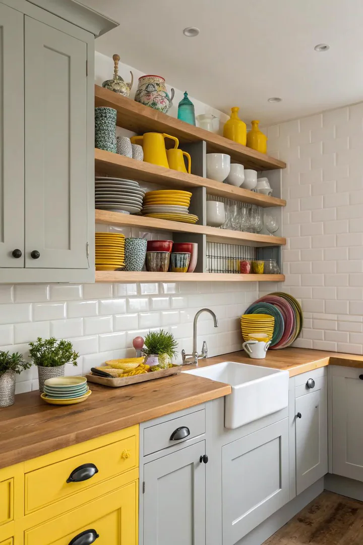 Yellow and grey open shelving with white brackets.