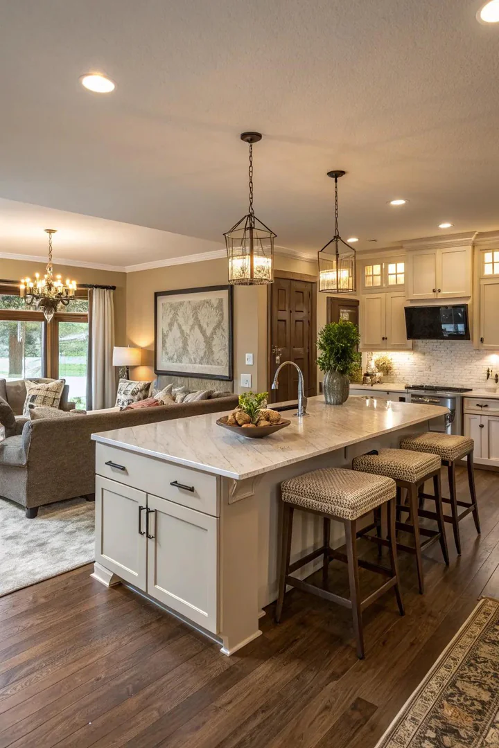 Open-concept kitchen with a central island connecting the cooking area to the living space