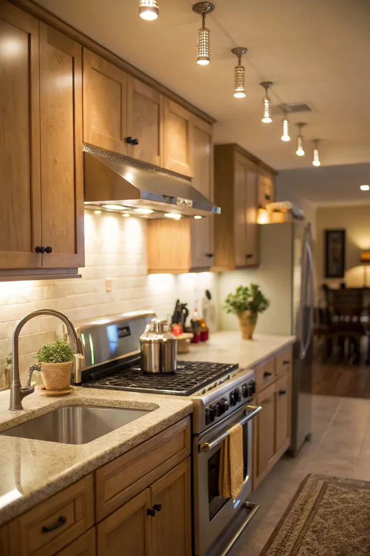 Task lighting ensures efficiency in key kitchen areas.