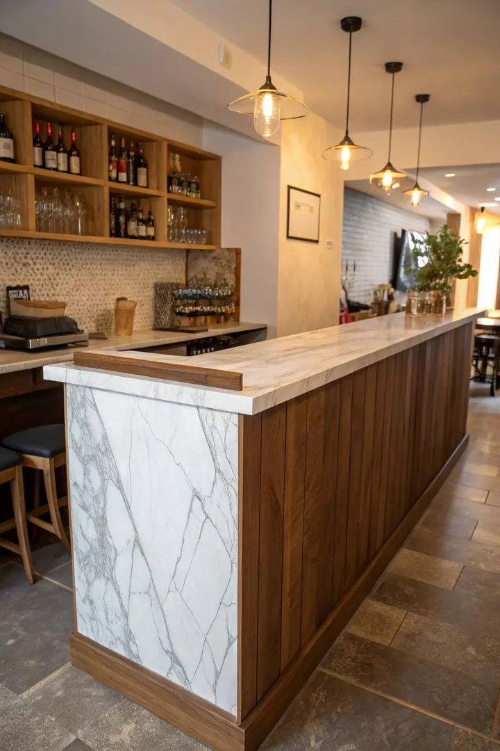 A small kitchen bar with distinct materials creating visual separation.