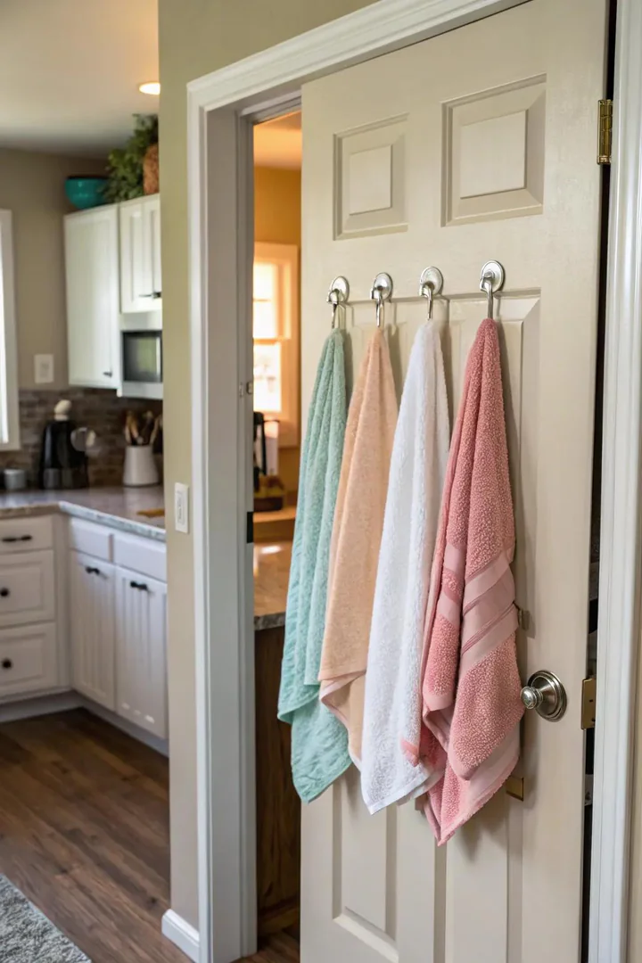 Over-the-door hooks are a practical storage solution for small kitchens.