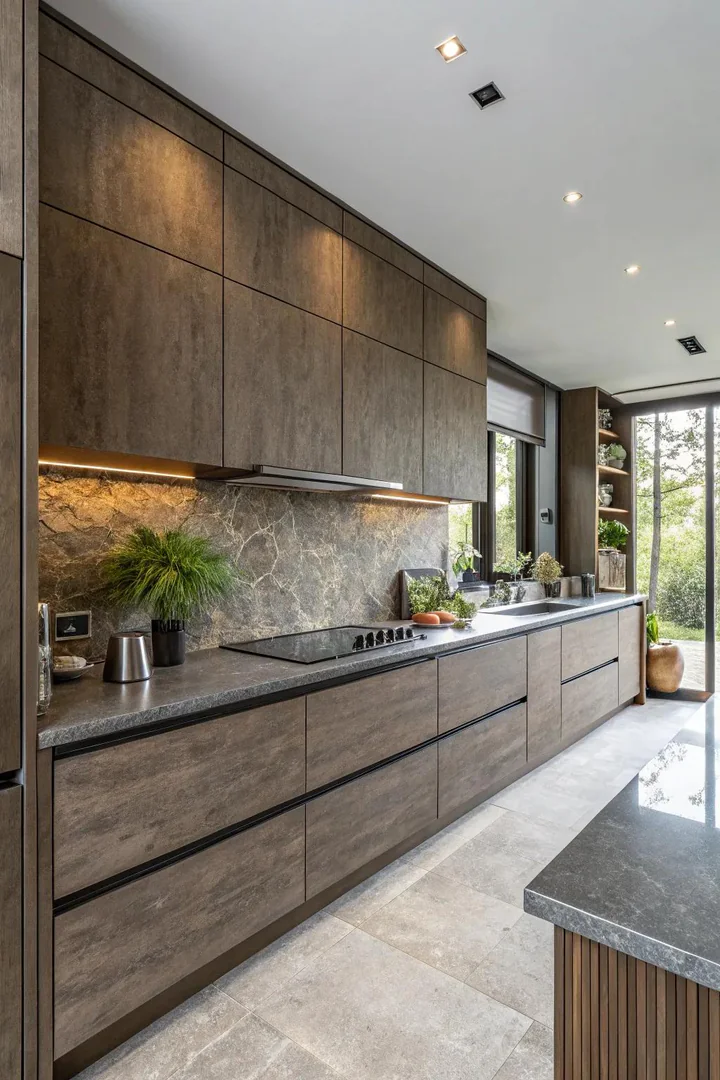 Fluted glass cabinet doors and reeded wood panels adding texture to a modern kitchen