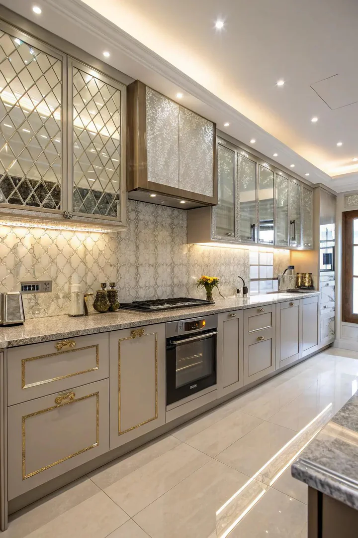 A glamorous kitchen with a mirrored glass tile backsplash.