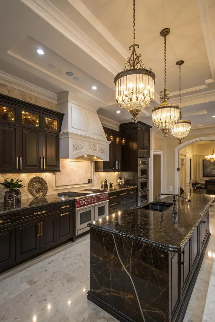 A luxurious kitchen featuring dark marble surfaces.
