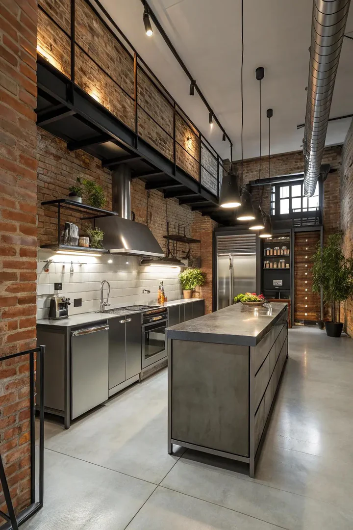 Exposed steel shelving and concrete countertop in an industrial-modern kitchen