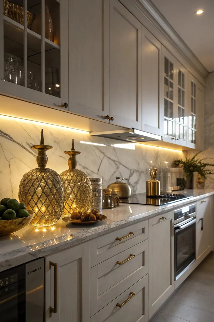 Spotlights add a dramatic touch to kitchen dΓ©cor.